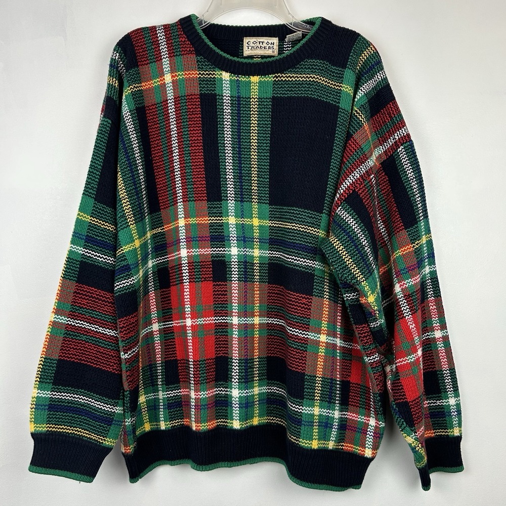 Vintage Cotton Traders Sweater Mens L Plaid Green Blue Red Crewneck Casual